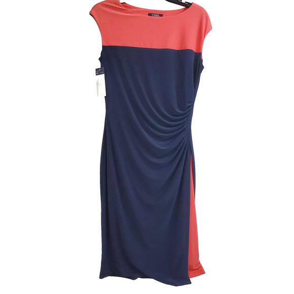 Chaps Dress Women's M Navy/Coral 2-Tone Stretch Sheath Trim Side Pleat NEW Work - Picture 1 of 9